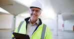 Construction, warehouse and portrait of man on tablet for inspection, empty building and maintenance. Engineering, industrial site and person on digital tech for project, infrastructure or planning