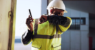 Buy stock photo Construction, sick and man cough outdoor with phone for communication, planning and inspection. Engineering, smartphone and contractor with allergies, dust and chest infection at building site