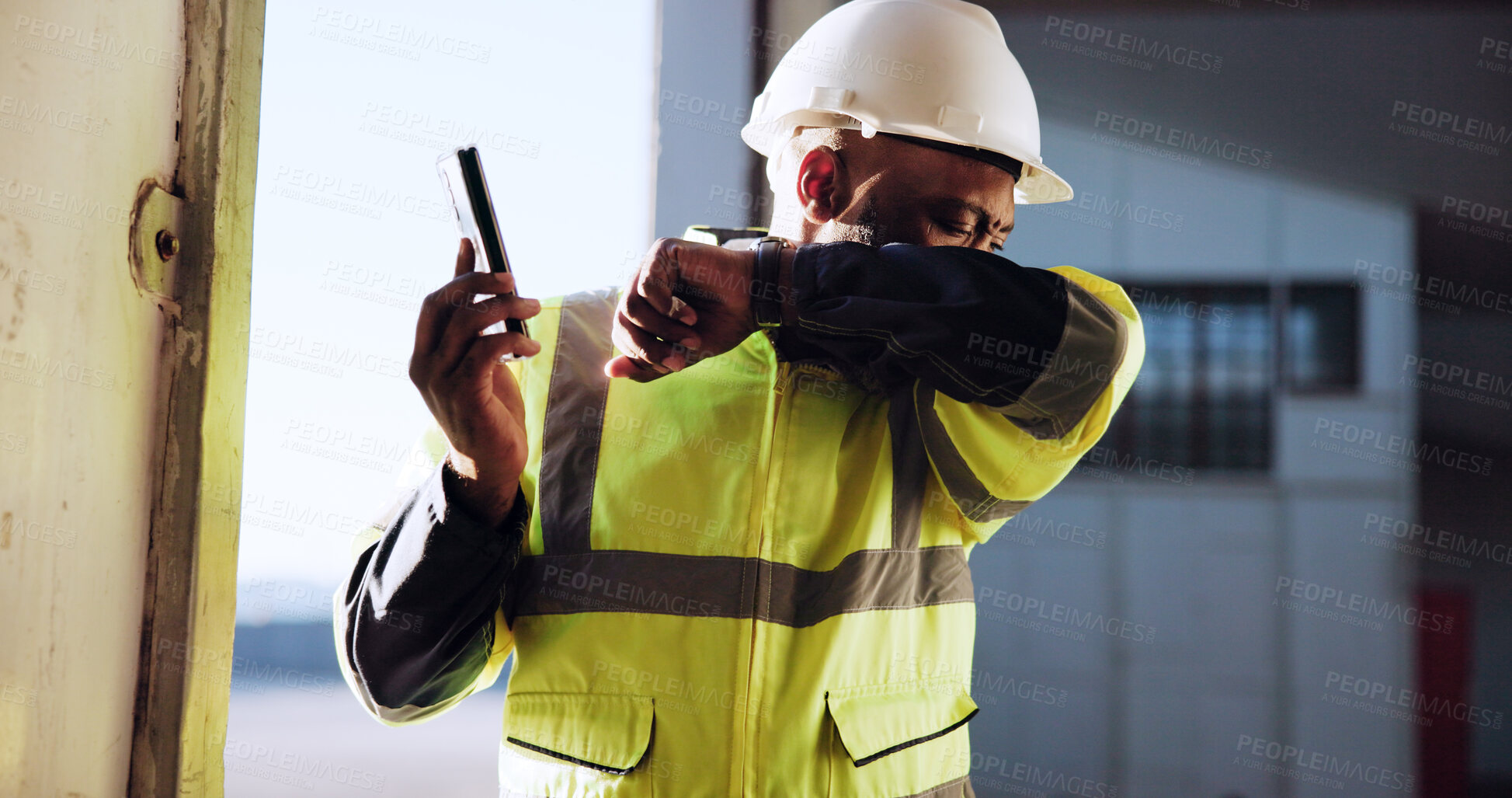 Buy stock photo Construction, sick and man cough outdoor with phone for communication, planning and inspection. Engineering, smartphone and contractor with allergies, dust and chest infection at building site