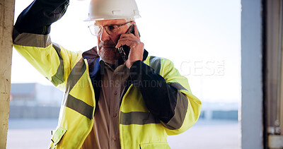 Buy stock photo Construction, man or talking with phone call on site for building inspection, feedback or listening. Engineering, mature person and speaking to contractor for project management and quality assurance