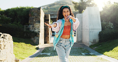 Buy stock photo Portrait, excited and woman dance in city with music, hip hop culture and freestyle choreography. Smile, female person and energy for rehearsal, rhythm and performance with streetwear at urban park