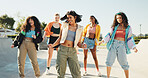 Happy, dancing and girl friends in city with music for hip hop, fashion or talent with freestyle. Smile, fun and group of people with energy for moving to song together for practice outdoor in town.