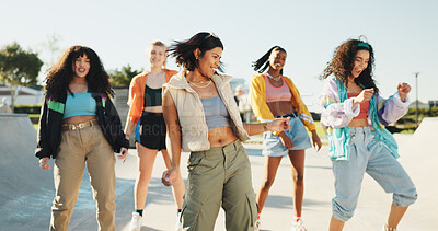 Buy stock photo Happy, dancing and friends in city with music for hip hop, fashion or talent with freestyle. Smile, fun and group of people with energy for moving to song together for practice outdoor in town.