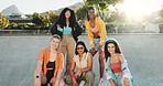 Fashion, portrait and smile of women outdoor at park together in retro streetwear as dance crew. Community, diversity and urban style with group of dancer friends in clothes outfit for city bonding