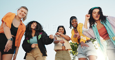 Buy stock photo Portrait, women and dancing crew in city with music, hip hop culture and freestyle choreography. Smile, group and friends breakdance with energy, rhythm and performance with streetwear at urban park