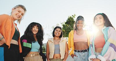 Buy stock photo Portrait, smile and dance crew in park with team, hip hop culture and freestyle choreography. Happy, women and friends breakdance with low angle, bonding and urban fashion with outdoor streetwear