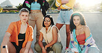 Portrait, style and woman friends outdoor at park together in retro streetwear as dance crew. Community, diversity and urban fashion with group of dancer people in clothes outfit for city bonding