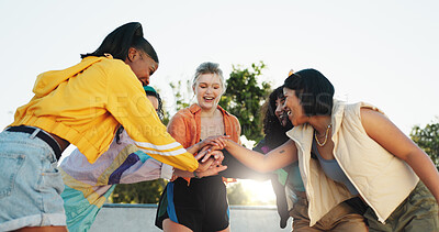 Buy stock photo Happy women, friends and fashion with hands together in park for unity, mission or support. Female people, group or team with smile, stack or pile in solidarity for agreement, deal or trust in nature