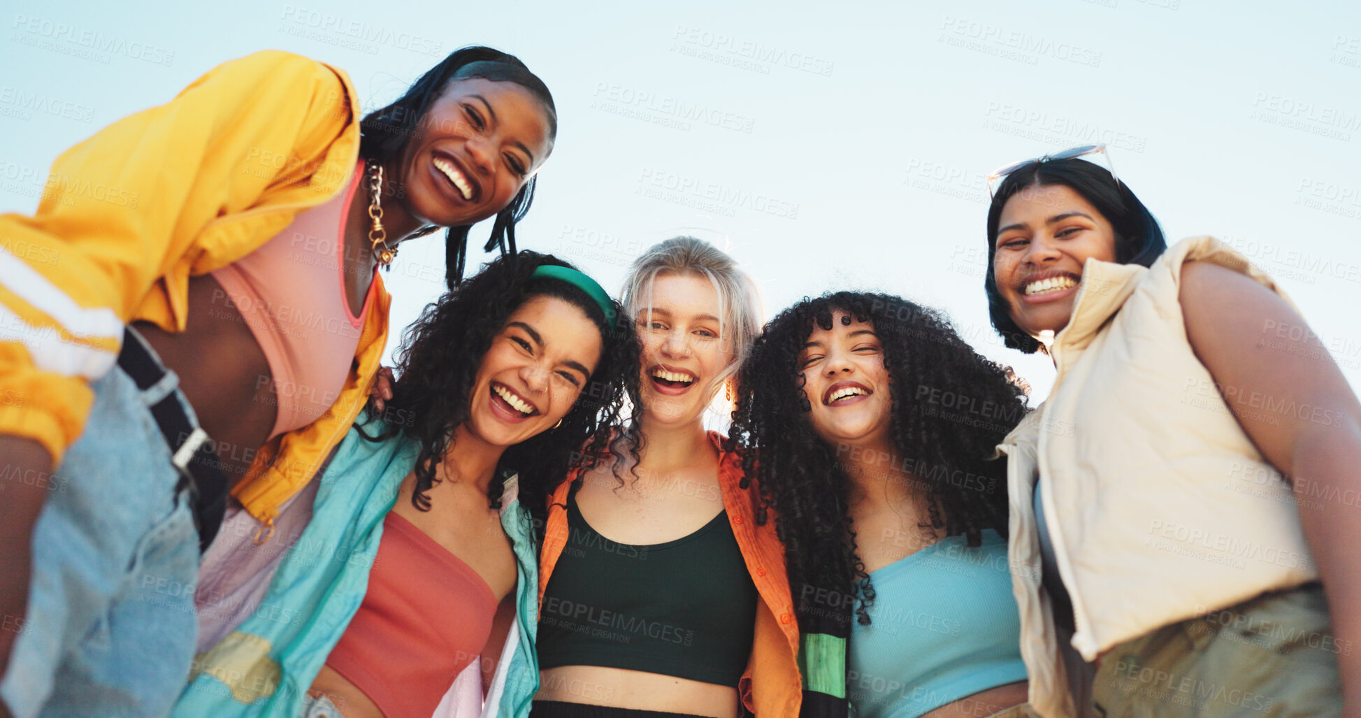 Buy stock photo Portrait, hug and dance crew on blue sky with team, hip hop culture and freestyle choreography. Smile, women and friends breakdance with low angle, bonding and urban fashion with outdoor streetwear