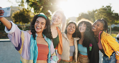 Buy stock photo Happy women, group and fashion with selfie in park for photography or picture together. Female people, friends or memory with smile in joy for social media, post or capture moment in an urban town