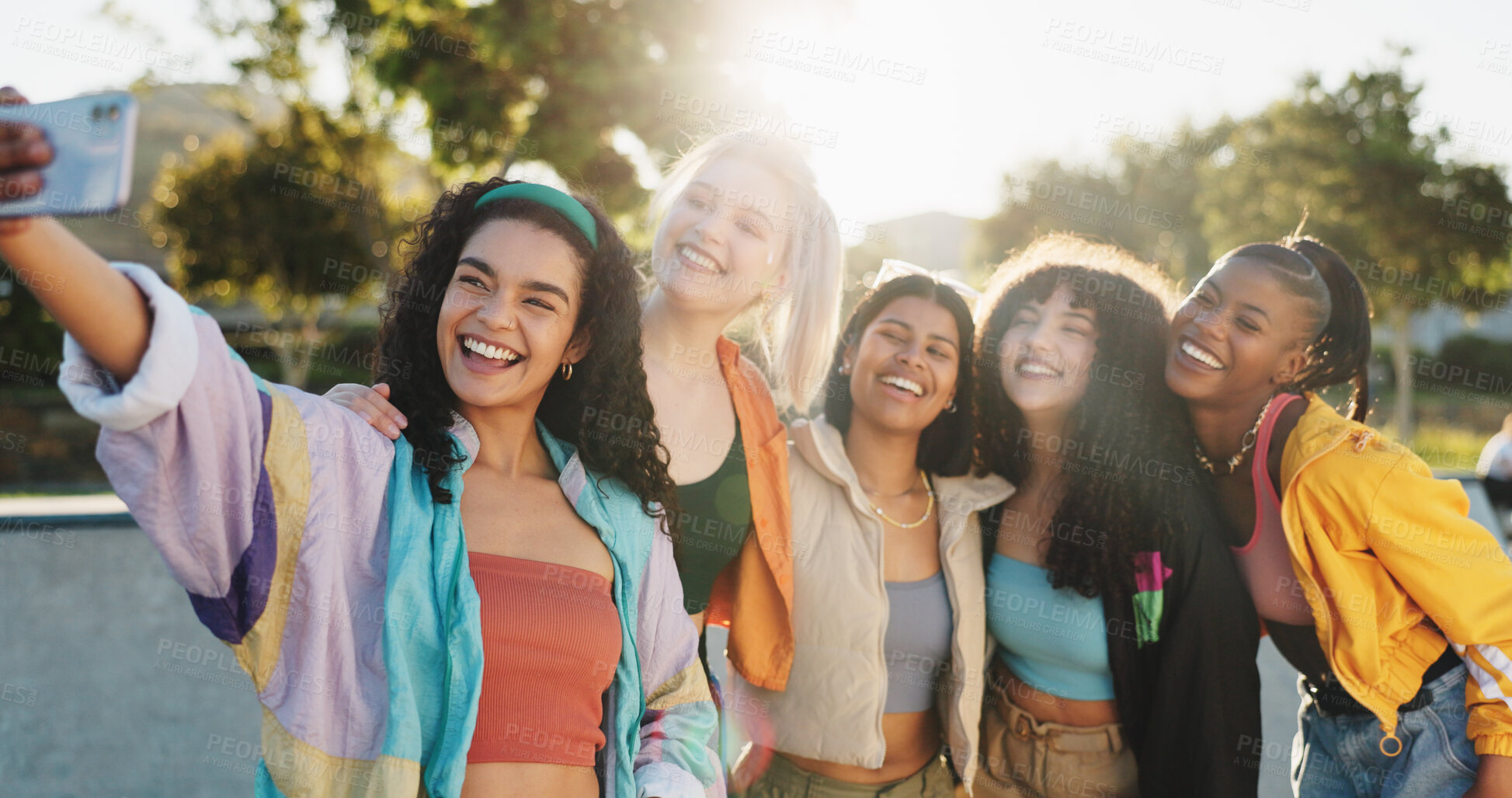 Buy stock photo Happy women, group and fashion with selfie in park for photography or picture together. Female people, friends or memory with smile in joy for social media, post or capture moment in an urban town
