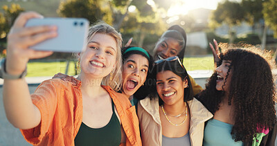 Buy stock photo Happy women, group or bonding with selfie in park for photography or picture together. Female people, friends or memory with smile in fashion for social media, post or capture moment in an urban town