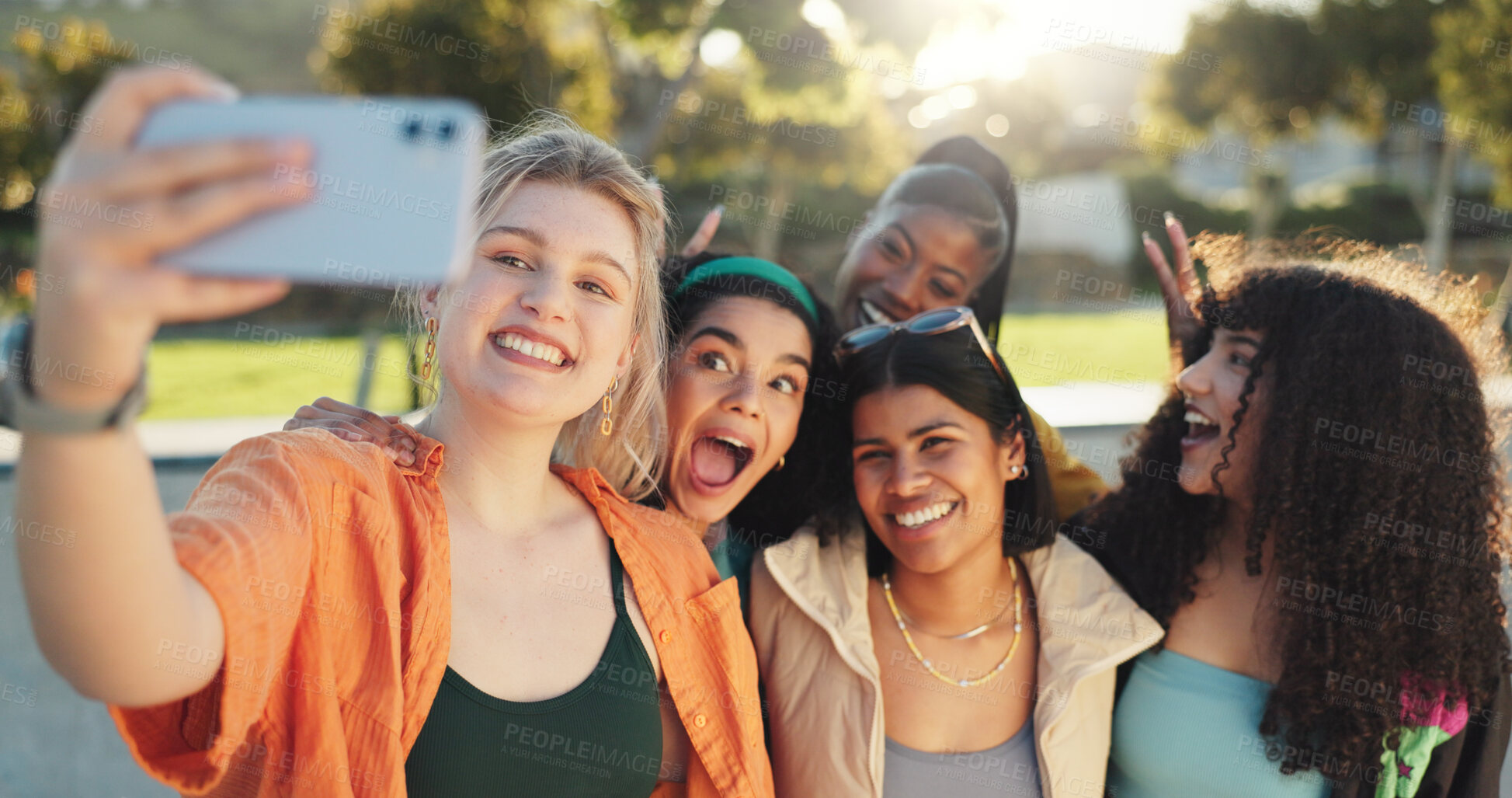 Buy stock photo Happy women, group or bonding with selfie in park for photography or picture together. Female people, friends or memory with smile in fashion for social media, post or capture moment in an urban town