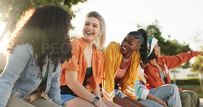 Buy stock photo Women, laugh and group of friends at park for listening to story, gossip update and bonding together. Happy, people and talking with funny reunion, social gathering and discussion in nature outdoor