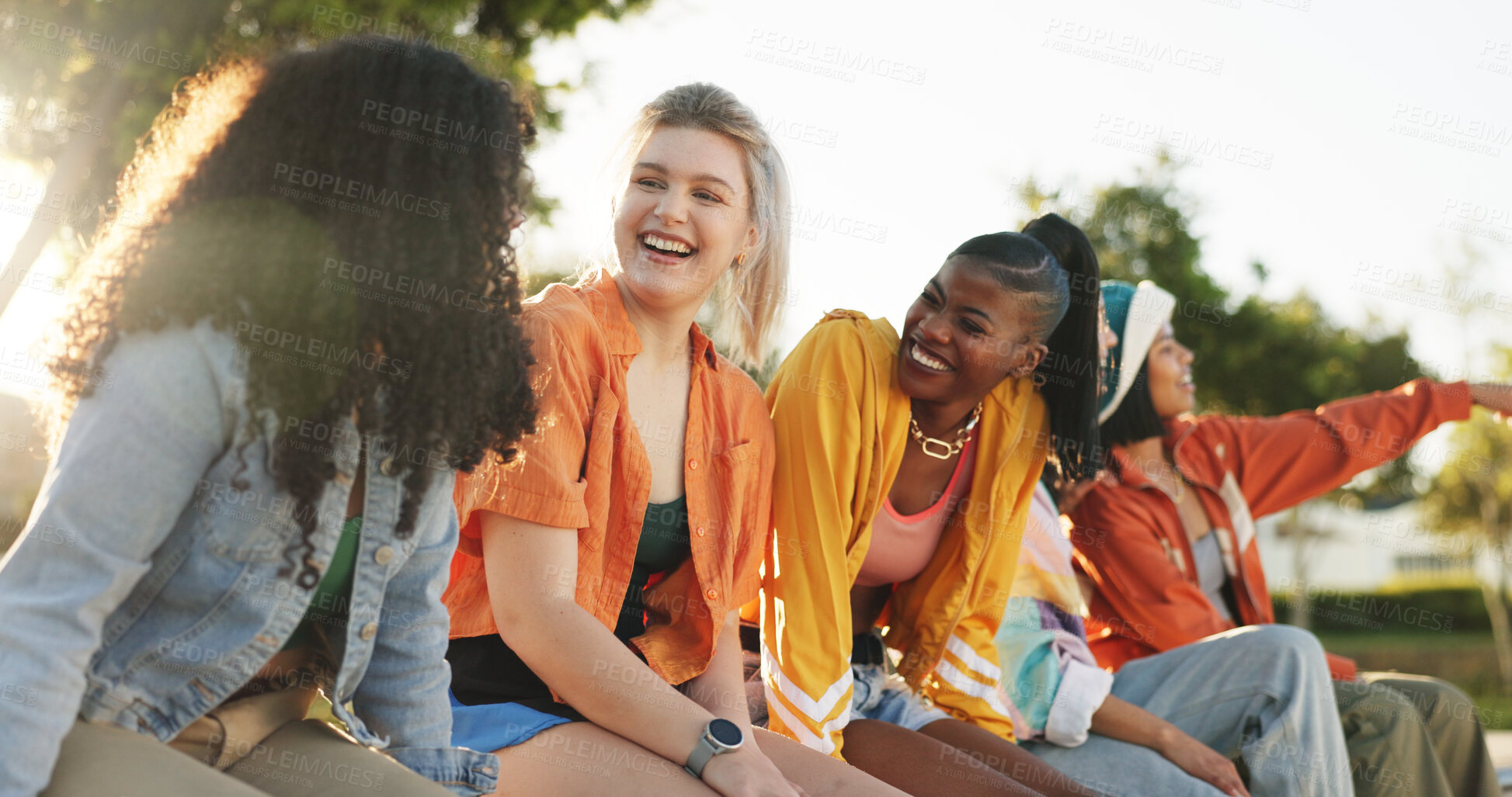 Buy stock photo Women, laugh and group of friends at park for listening to story, gossip update and bonding together. Happy, people and talking with funny reunion, social gathering and discussion in nature outdoor