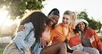 Women, friends and laughing with fashion in park for funny joke, social or humor together. Female people, gen z or happy group with smile in stylish clothing for comedy or diversity in outdoor nature