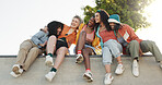 Women, friends and laughing with hug in fashion or park for funny joke, social or humor together. Female people, gen z or happy group with smile for comedy, diversity or community in outdoor nature