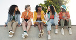 Happy women, friends or social discussion with fashion in park for urban style, gossip or rumor. Female people, gen z or group with smile in diversity for community, bonding or chat in outdoor nature