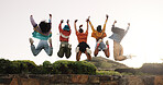 Excited women, friends or fashion with jump in park for achievement, success or freedom together. Back view, female people or happy group with joy in air for winning or celebration in outdoor nature