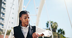 Business, check time and black woman in city, late and stress with deadline, travel and schedule. African person, urban town and employee in street, watch and worried with agenda, commute and morning