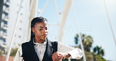 Buy stock photo Business, check time and black woman in city, late and stress with deadline, travel and schedule. African person, urban town and employee in street, watch and worried with agenda, commute and morning