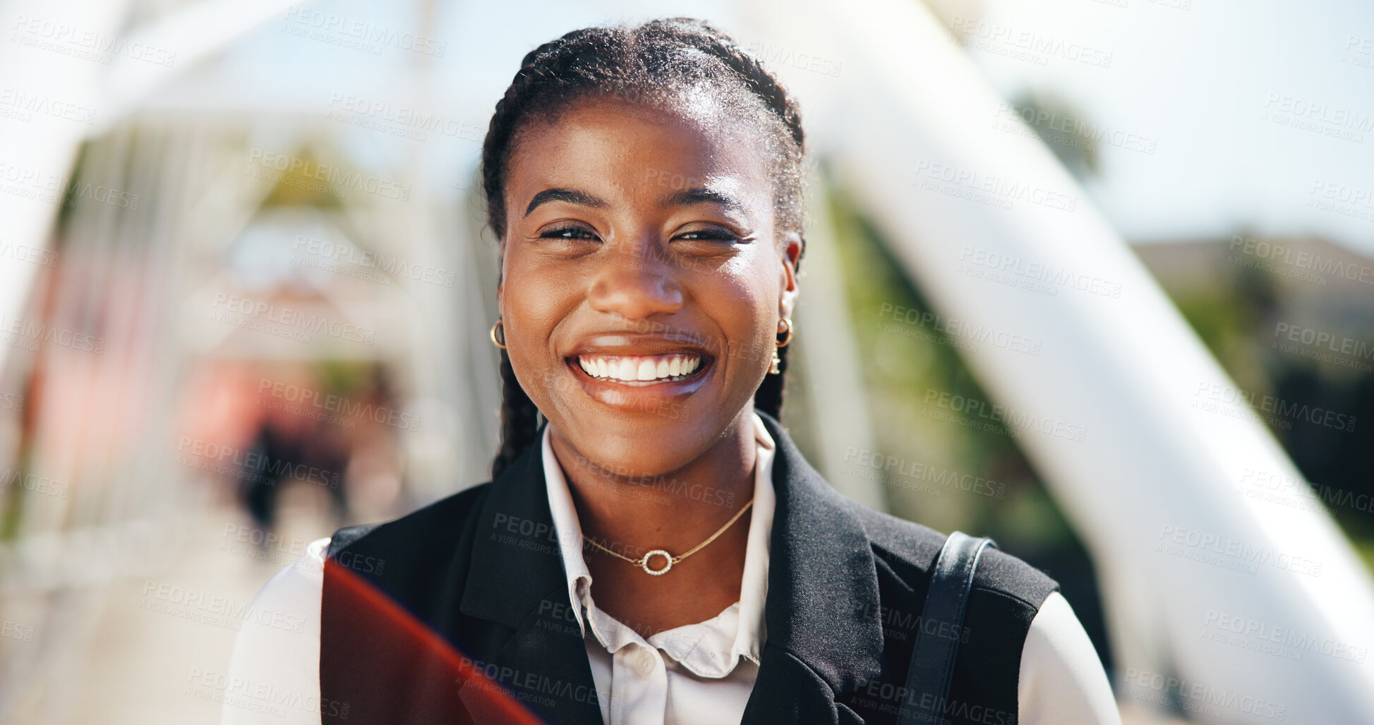 Buy stock photo Portrait, smile and business with black woman in city for real estate developer, pride and commute. Confidence, property manager and morning journey with person outdoor for opportunity and career
