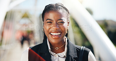 Buy stock photo Portrait, laugh and black woman in city for business, urban planner and confidence for career. Smile, professional and African employee outdoor, worker or funny town strategist on bridge in Kenya