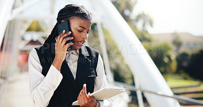 Buy stock photo Event planner, phone call and tablet with black woman at outdoor venue for negotiation or update. App, communication and problem solving with coordinator on location for organization or planning