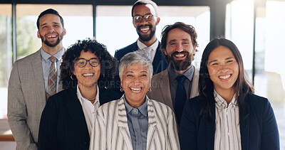 Buy stock photo Portrait, business and group of people in office for career pride, about us and real estate agent. Smile, employees and realtor team with confidence of property development, staff ambition or viewing