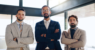Buy stock photo Portrait, business and men with confidence in office of career pride, about us and real estate agent. Serious, people and realtor team with arms crossed for ambition, property development and viewing