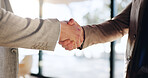 Agreement, deal and handshake with business people in office for achievement, goals or target. B2B, thank you and welcome with corporate employee team shaking hands at work for bonus or promotion