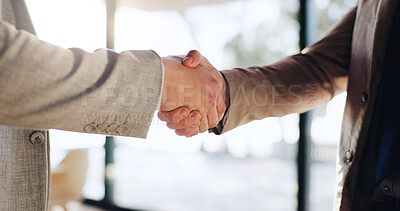 Buy stock photo Agreement, deal and handshake with business people in office for achievement, goals or target. B2B, thank you and welcome with corporate employee team shaking hands at work for bonus or promotion