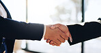Agreement, B2B and handshake with business people in office for achievement, goals or target. Deal, thank you and welcome with corporate employee team shaking hands at work for bonus or promotion