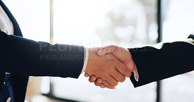 Buy stock photo Agreement, B2B and handshake with business people in office for achievement or congratulations. Deal, thank you and welcome with corporate employee team shaking hands at work for bonus or promotion