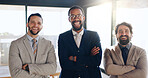 Portrait, business and group of men in office for career pride, about us and real estate agent. Smile, people and realtor team with arms crossed for property development, staff confidence and viewing