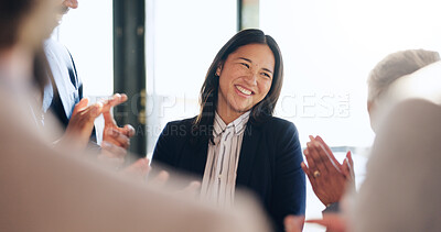 Buy stock photo Happy, applause and business people in office with support for good news or job promotion. Celebration, clapping hands and female lawyer with team for achievement, goal or winning case in workplace.