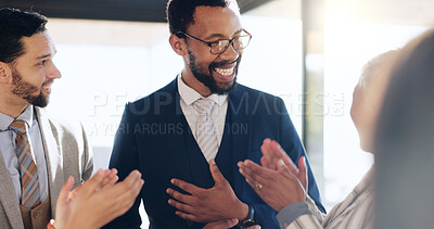 Buy stock photo Celebration, applause and business people in office with support for good news or job promotion. Happy, clapping hands and male lawyer with team for achievement, goal or winning case in workplace.
