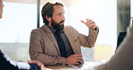 Man, speaker and meeting with business people in office for property investor, planning or team. Real estate portfolio, partnership and discussion with employees in realtor agency for report