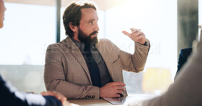 Buy stock photo Man, speaker and meeting with business people in office for property investor, planning or team. Real estate portfolio, partnership and discussion with employees in realtor agency for report