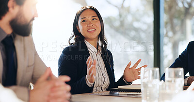 Buy stock photo Business, woman and talk in meeting in office for planning, legal information and proposal. People, lawyer teamwork and explain and paperwork of settlement, court case and feedback on trial procedure