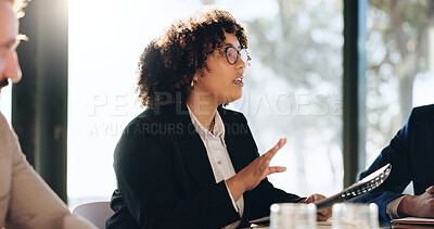 Buy stock photo Business, woman and explain paperwork in office for planning, legal information and proposal. People, female lawyer and meeting and document for settlement, court case and feedback on trial procedure