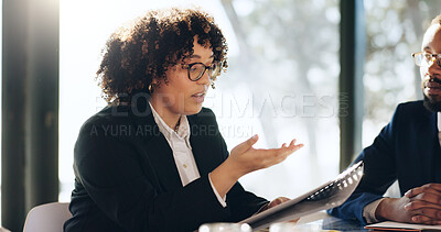 Buy stock photo Business, woman and explain document in office for planning, legal information and proposal. People, female lawyer and meeting and paperwork for settlement, court case and feedback on trial procedure