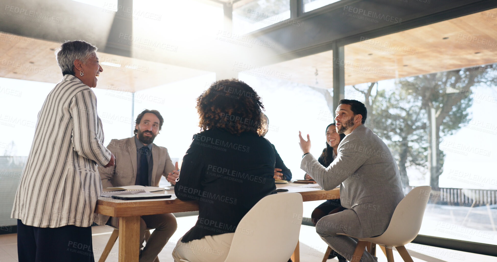 Buy stock photo Boss, speaker and meeting with business people in office for property investor, planning or team. Real estate portfolio, partnership and ceo discussion with employees in realtor agency for report
