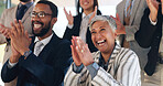 Business woman, applause and crowd with smile at legal conference, excited and announcement at office. People, attorney and team in audience, celebration and goals with success at corporate law firm