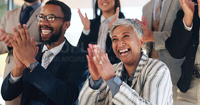 Buy stock photo Business woman, applause and crowd with smile at legal conference, excited and announcement at office. People, attorney and team in audience, celebration and goals with success at corporate law firm