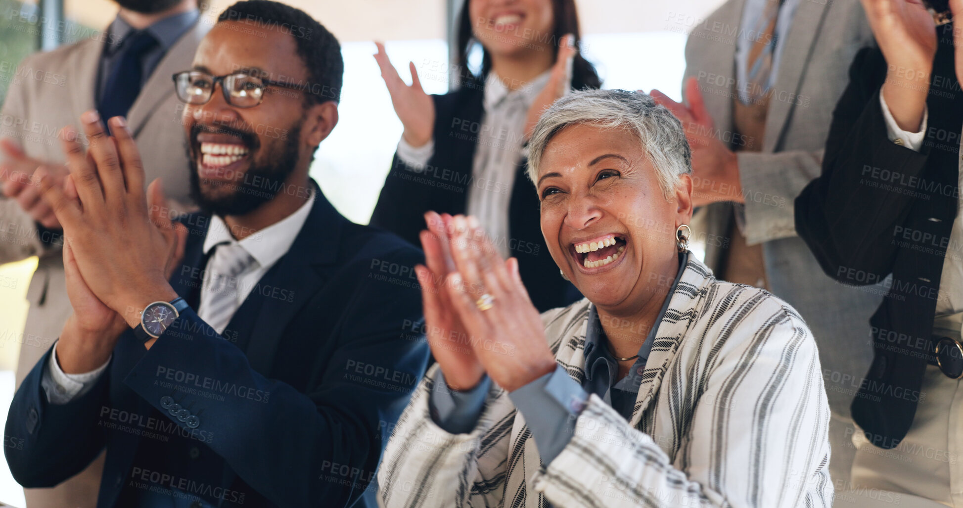 Buy stock photo Business woman, applause and crowd with smile at legal conference, excited and announcement at office. People, attorney and team in audience, celebration and goals with success at corporate law firm
