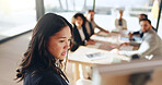Office, business woman and presentation with training for people, coaching or proposal meeting. Whiteboard, clients and startup manager for strategy, b2b deal or creative agency advice or planning