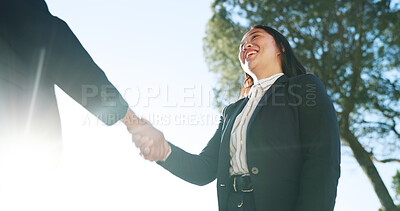 Buy stock photo Agreement, deal and handshake with business people outdoor for bonus, goals or target from below. B2B, thank you and welcome with employee team shaking hands in park for achievement or promotion