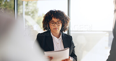 Buy stock photo Business, woman and reading document in office for planning, legal information and proposal. People, female lawyer and meeting and paperwork for settlement, court case and feedback on trial procedure