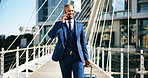 Luggage, phone call and walking with business black man in city for international work travel. Airport, communication and suitcase with happy employee outdoor on bridge for commute to destination